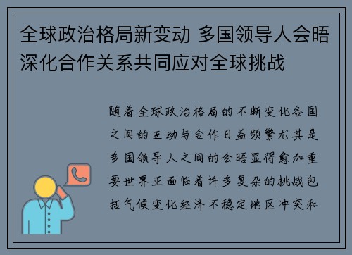 全球政治格局新变动 多国领导人会晤深化合作关系共同应对全球挑战